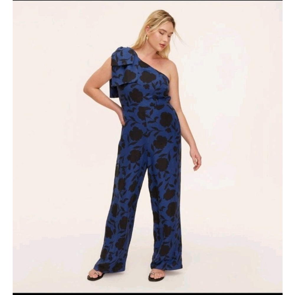 kate spade Blue and Black One-Shoulder Floral Jumpsuit